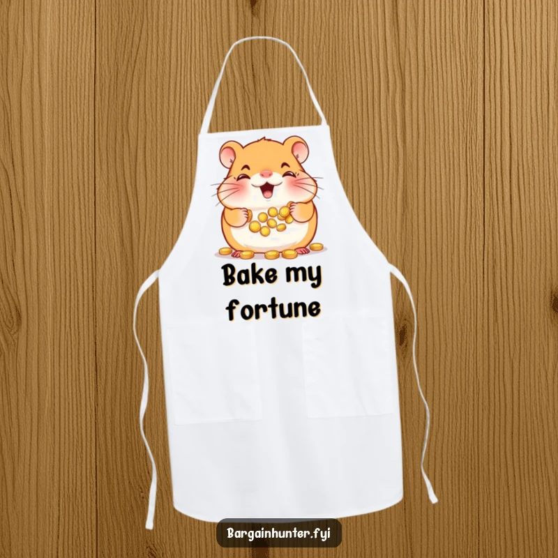 Funny Hamster Apron: Happy hamster with full cheeks, gathering tiny gold coins, perfect for cooking with humor.