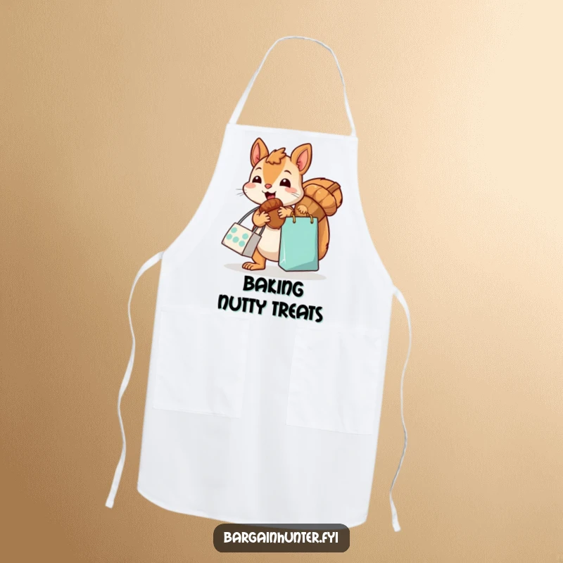 Funny, kawaii squirrel with a shopping bag, excitedly grabbing an oversized acorn, on a practical and humorous kitchen apron, great for chefs.