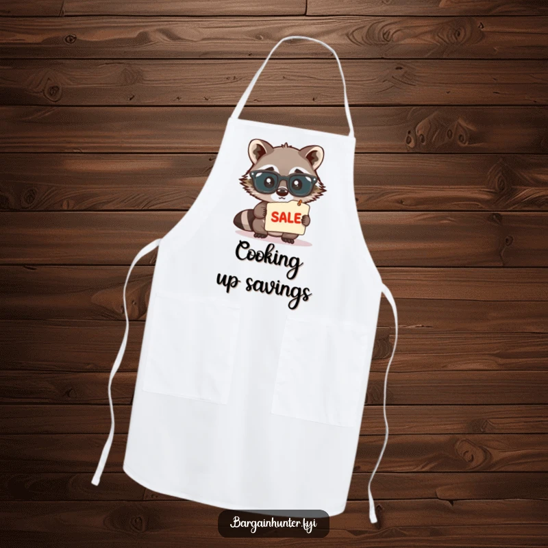 Funny, cute raccoon wearing large spectacles, peering intently at a sale tag, on a practical and humorous kitchen apron, great for chefs.
