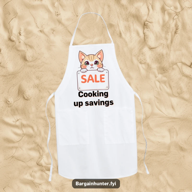 Funny cat peeking from behind a sale sign on an apron, perfect for cooks who love bargains and feline humor.
