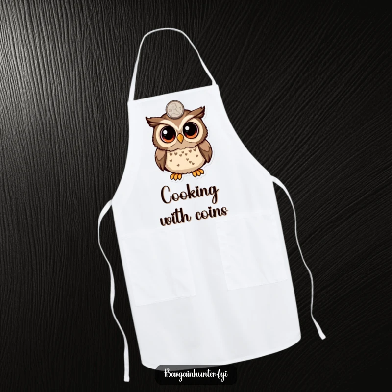 Funny surprised owl with large eyes spotting a penny on an apron, perfect for cooks seeking luck and humor in the kitchen.