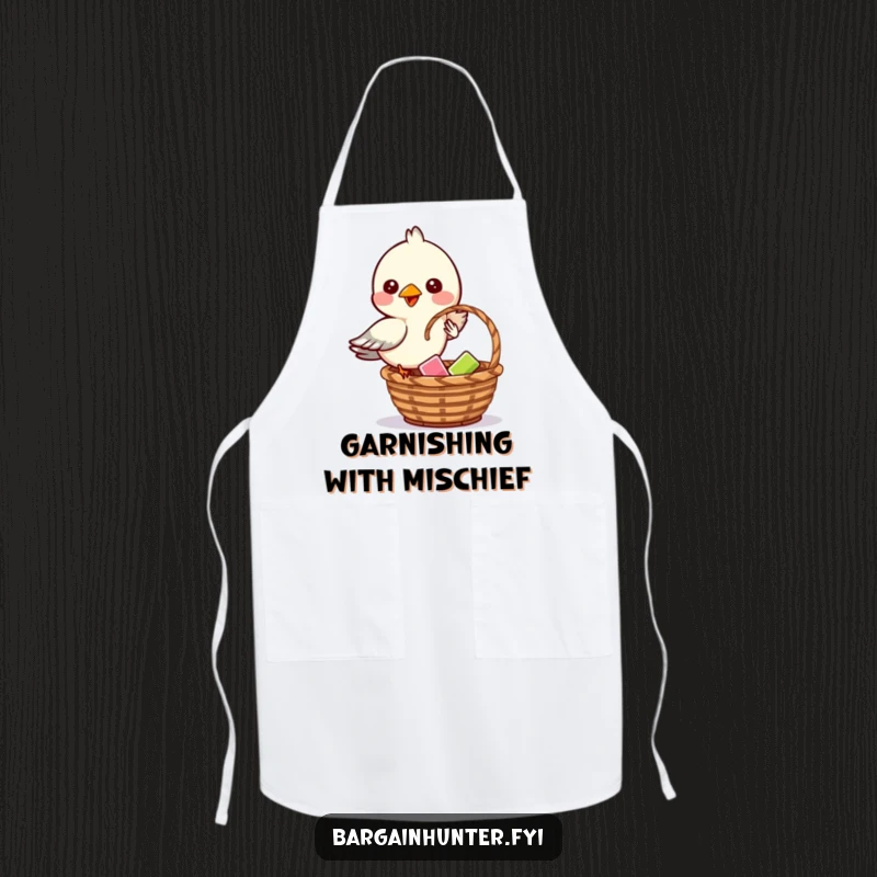 Funny apron design of a mischievous bird dropping an item into a basket in a kitchen setting.