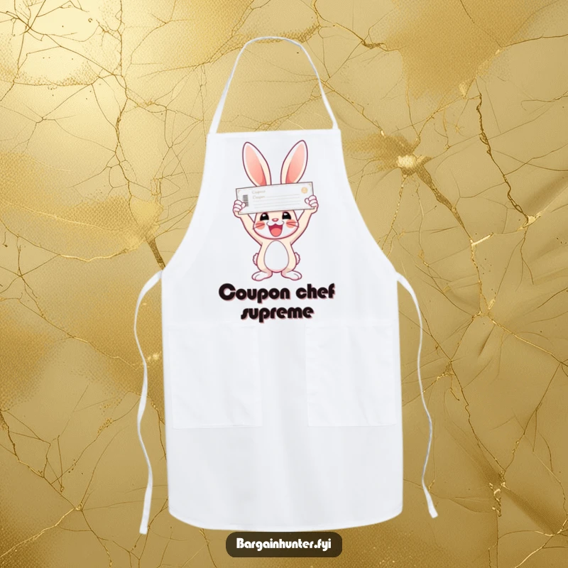 Funny bunny apron featuring a joyful bunny holding a giant coupon triumphantly.