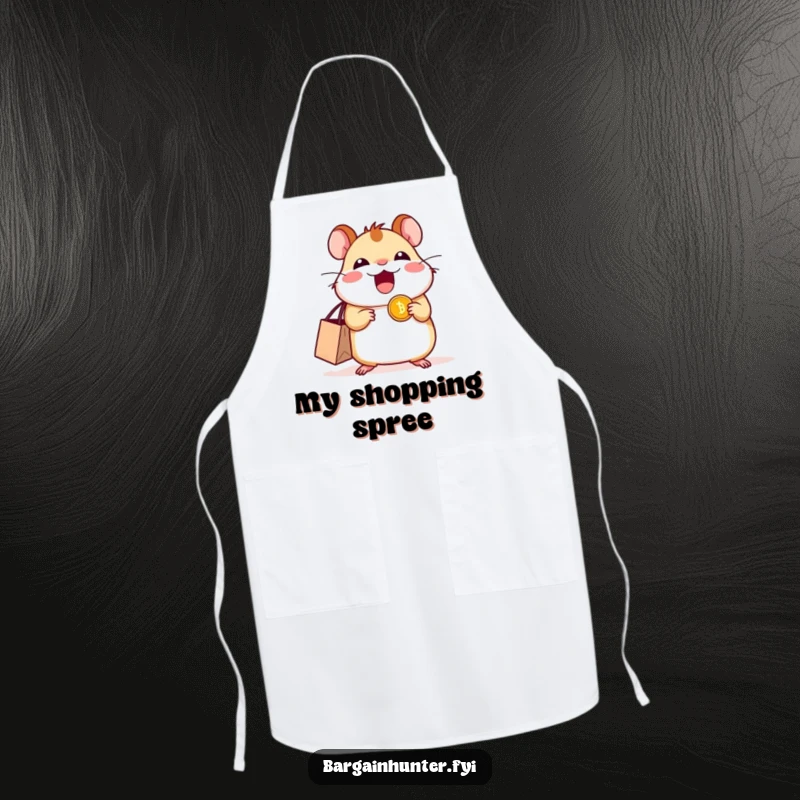 Funny excited hamster apron with a shopping bag and coin, ready for kitchen adventures and shopping inspiration.