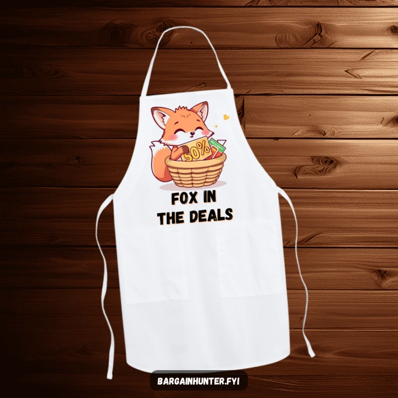 Funny Fox Apron: A playful fox is stuffing a huge discount into a basket. Humorous and practical apron for cooks and shoppers.
