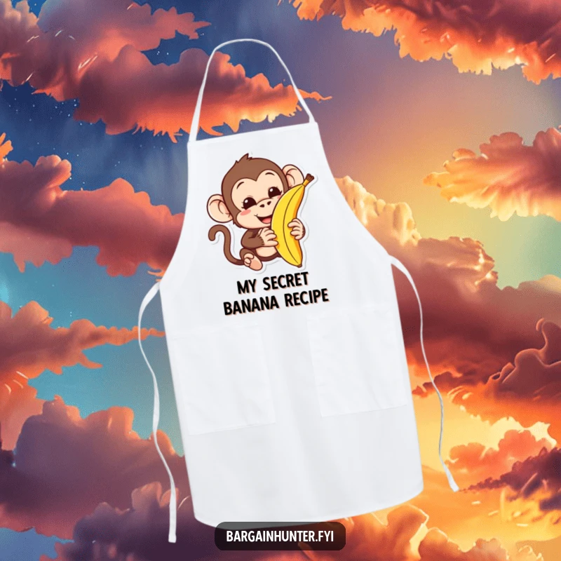 Funny monkey apron depicting a character attempting to haggle for a banana while cooking, a humorous kitchen accessory.