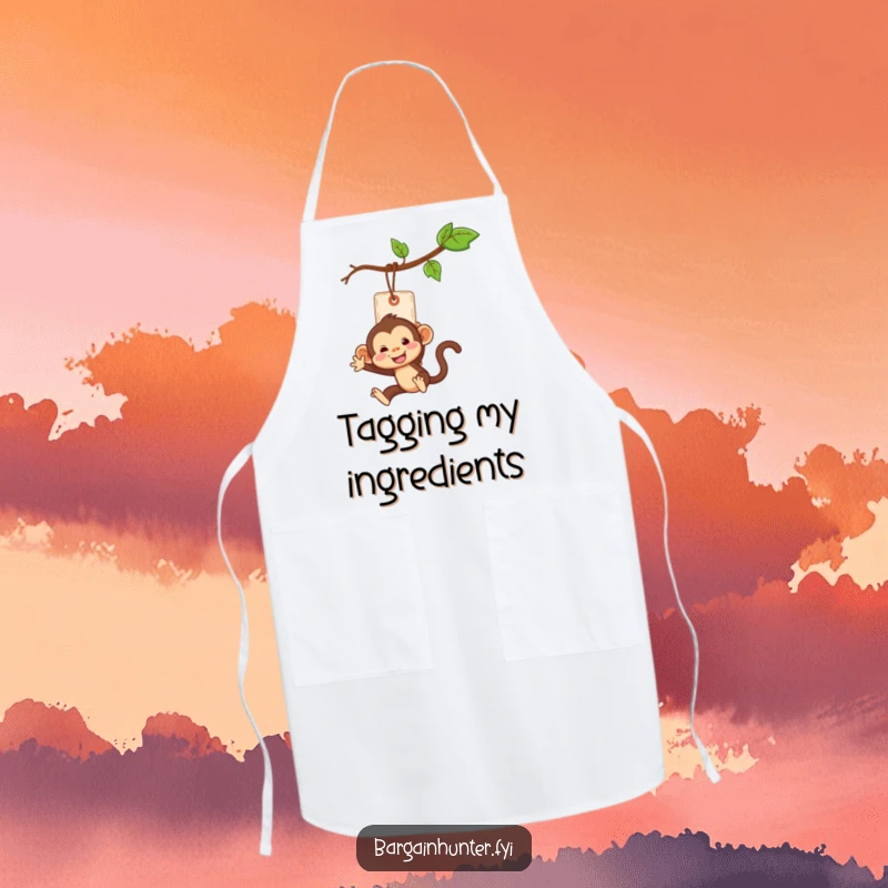 Funny monkey swinging from a price tag on a cooking apron, perfect for kitchen tasks.