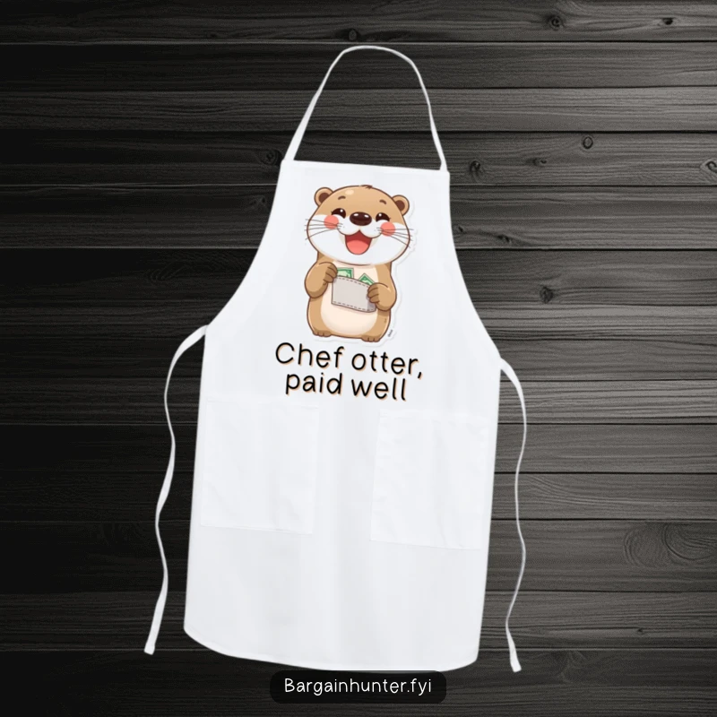 Funny Otter Apron: A delighted otter proudly shows off its pocket change. Humorous and practical apron for cooks and savers.