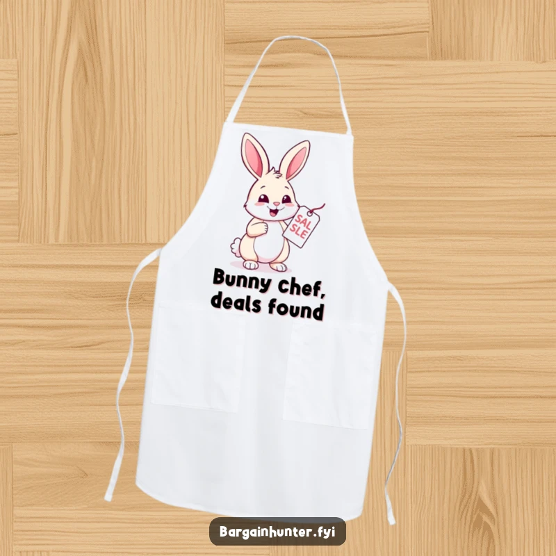 Funny Rabbit Apron: A cheerful rabbit examines a sale tag with glee. Humorous and practical apron for cooks and shoppers.