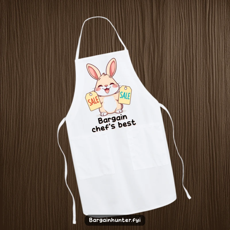 Funny Apron with a rabbit excitedly comparing two sale tags, ideal for cooking or shopping in the kitchen.