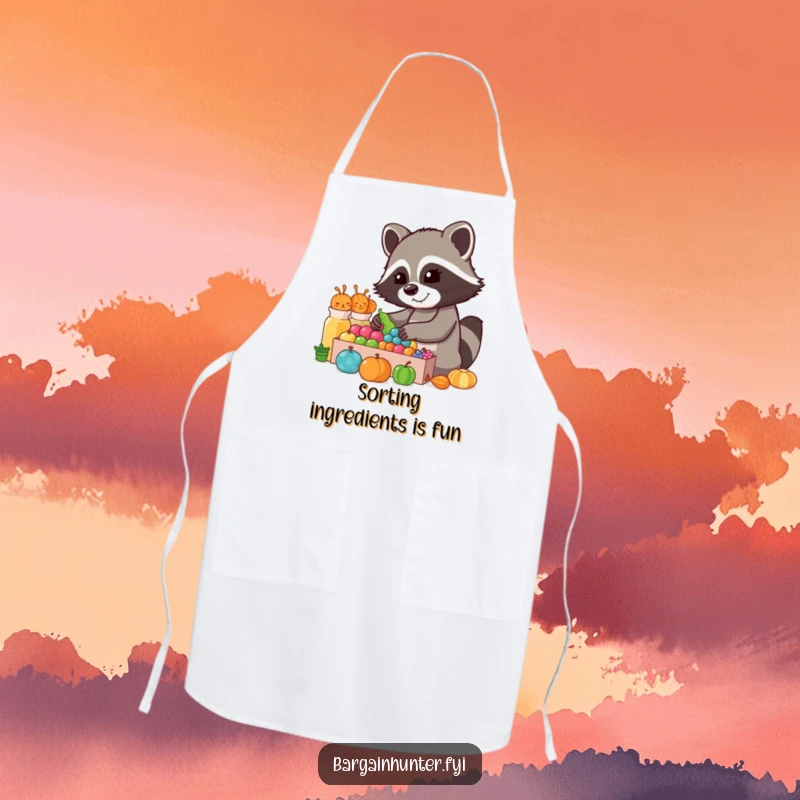 Funny Raccoon Collector Apron: A cheerful raccoon sorts through a colorful display, making kitchen tasks fun.