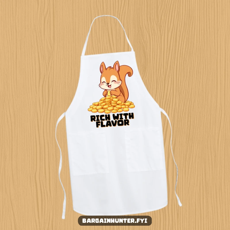 Funny apron with an excited squirrel character counting shiny coins, perfect for humorous kitchen financial planning.