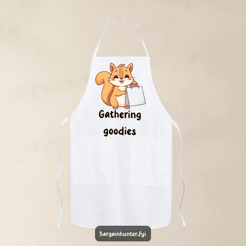 Funny happy squirrel holding a shopping bag, a humorous and functional apron.