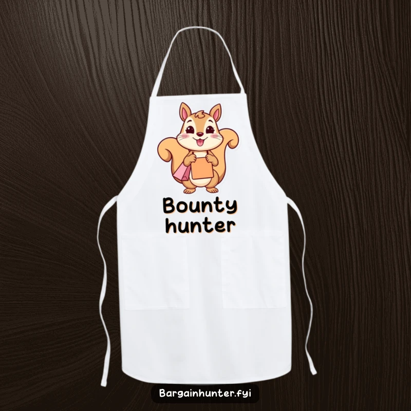A funny squirrel character smiling and holding a shopping bag, depicted on a functional and funny apron.