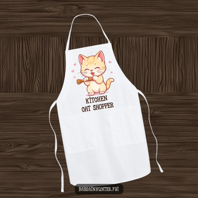 Funny Sweet Kitten Apron featuring a kitten batting at a dangling discount price, adding playful humor to kitchen tasks.