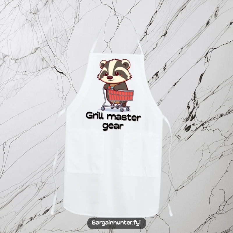 Funny Badger Apron: A determined badger clutching a shopping trolley, ready to manage the kitchen with comedic efficiency.