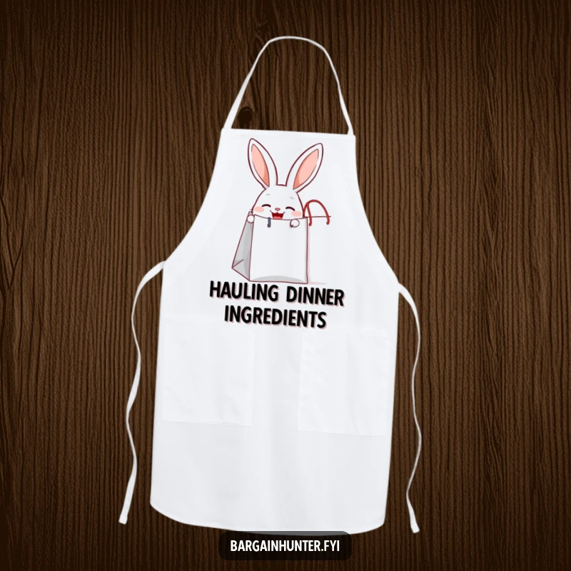 Funny joyful rabbit peeking out from a giant shopping bag, a functional apron for culinary cuteness.
