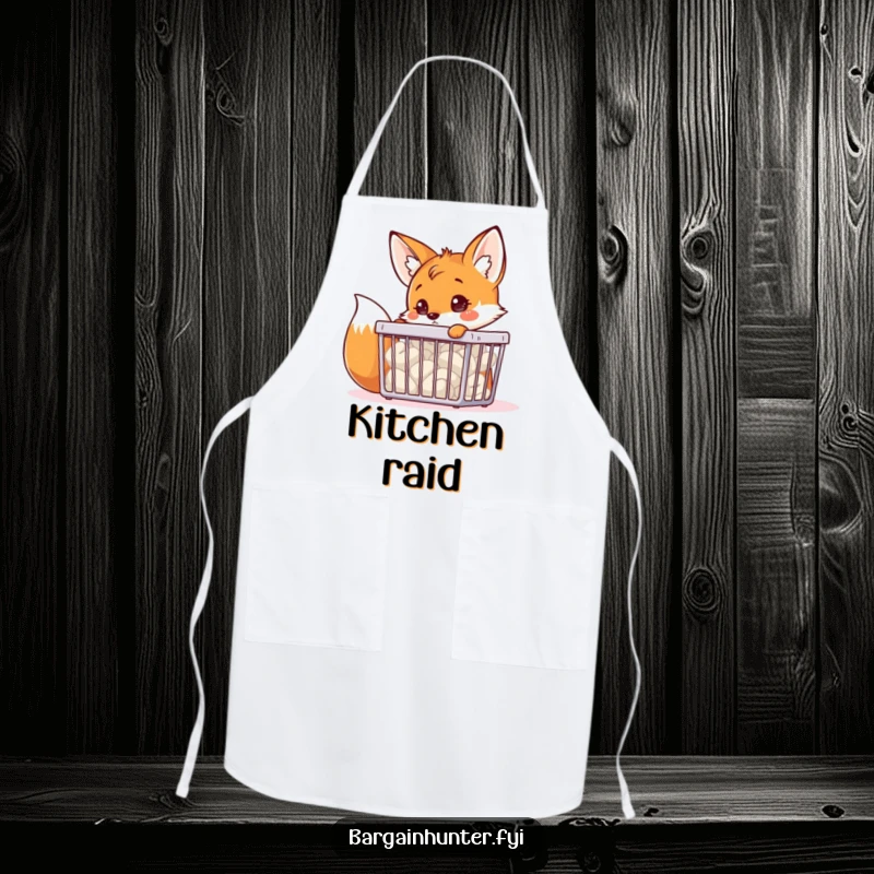 A funny fox character curiously looking into a bargain bin, depicted on a functional and funny apron.