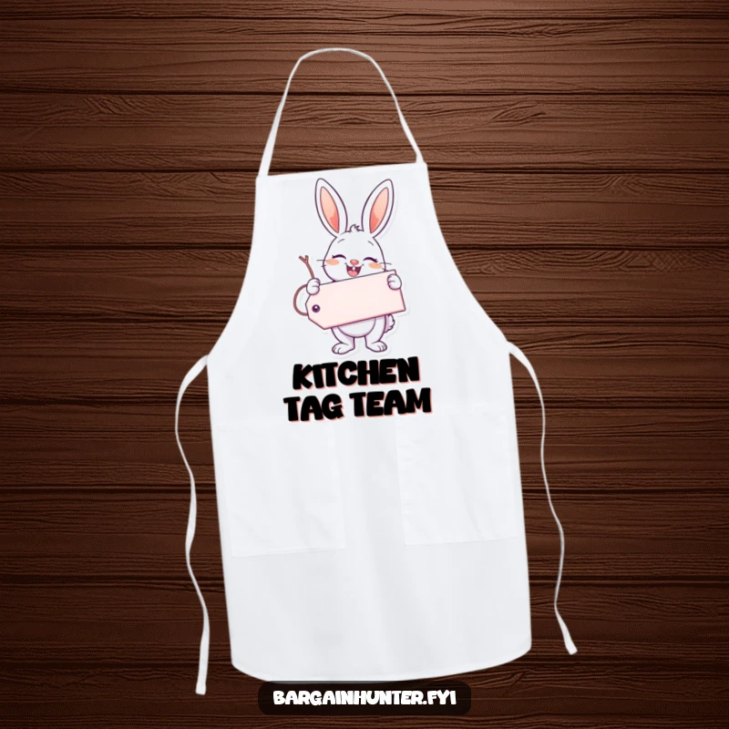 Funny Enthusiastic Bunny Apron featuring a bunny holding a giant smile-filled tag, bringing joy to kitchen tasks.