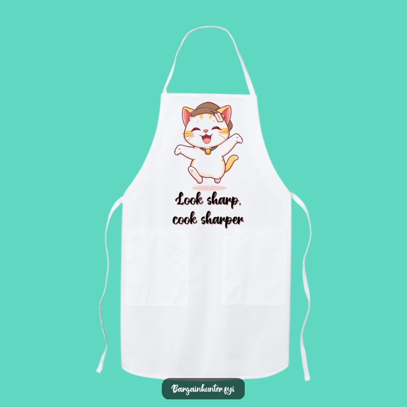 Funny Cat Leap Apron: Delighted Feline in Hat with Price Tag - Kitchen Fun