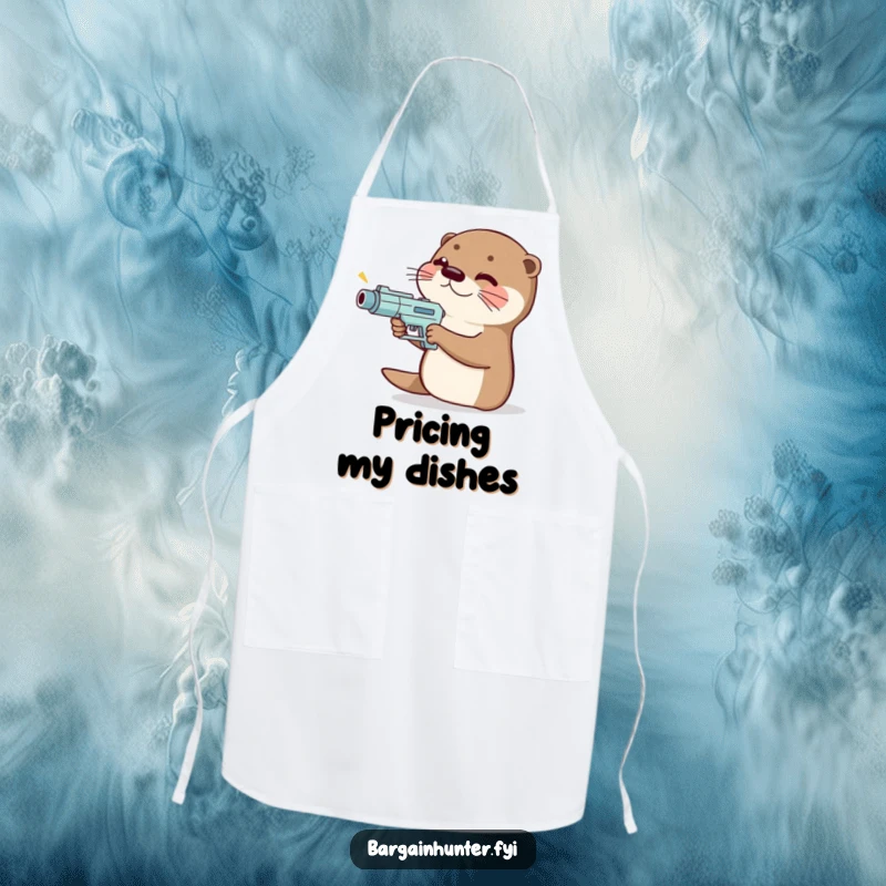 Funny giggling otter apron holding a tiny price gun, aiming it, perfect for protecting clothes during retail therapy.