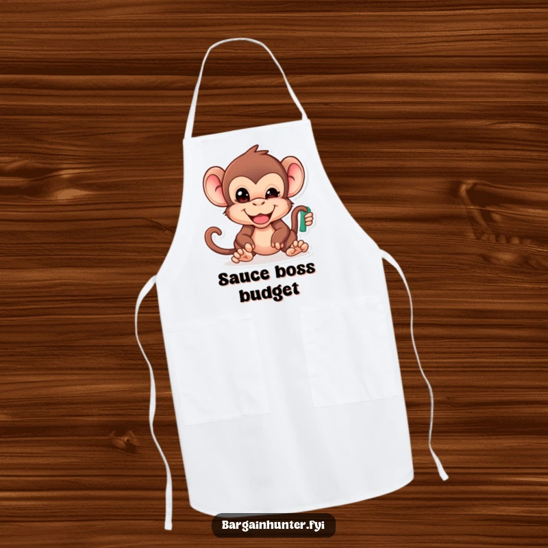 Funny Monkey Apron: Cheeky primate with determined face reaching for the lowest priced item, ideal for cooking with humor.