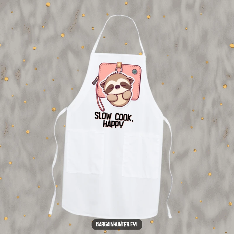 Funny apron decorated with a sleepy sloth hanging from a wallet, smiling gently, ideal for a fun and relaxed cooking experience.