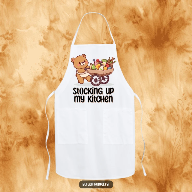 Funny apron: a happy bear pushes a cart overflowing with goods while cooking.