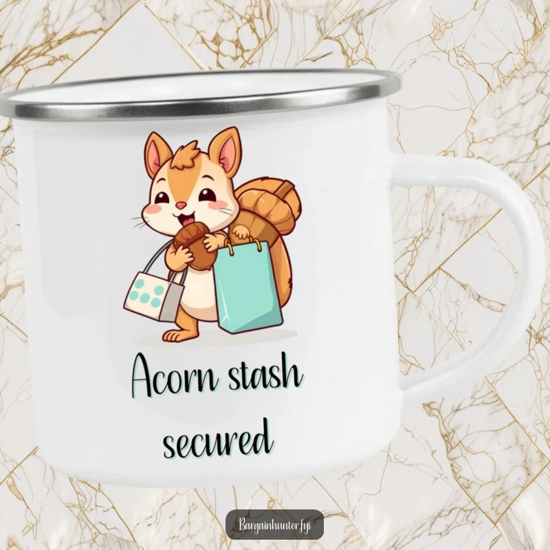 Funny, kawaii squirrel with a shopping bag, excitedly grabbing an oversized acorn, on a durable camping mug, ready for outdoor humor.
