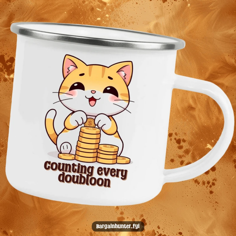 Funny cat camping mug featuring a happy character counting coins, perfect for outdoor enthusiasts who love humor and wealth.