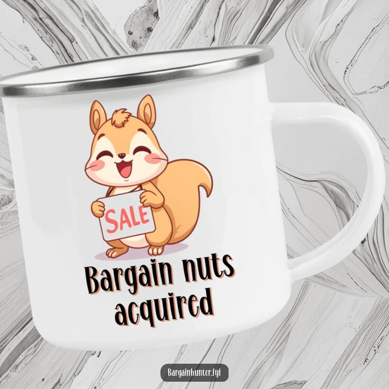 Funny squirrel camping mug featuring a delighted character holding a sale tag, perfect for outdoor enthusiasts who love shopping.