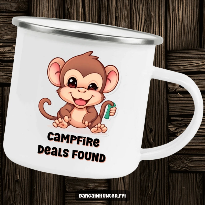 Funny Monkey Camping Mug: Cheeky primate with determined face reaching for the lowest priced item, durable for outdoor humor.