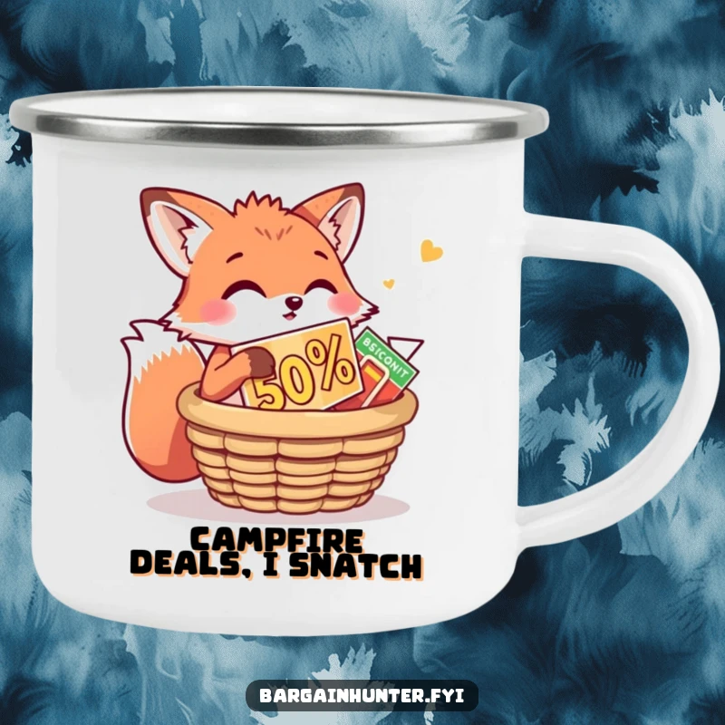 Funny Fox Camping Mug: A playful fox is stuffing a huge discount into a basket. Humorous and sturdy mug for outdoor enthusiasts.
