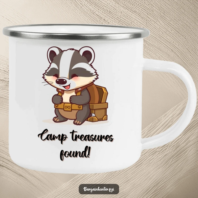 Funny badger camping mug depicting a curious badger with a backpack excitedly peering into a treasure chest.