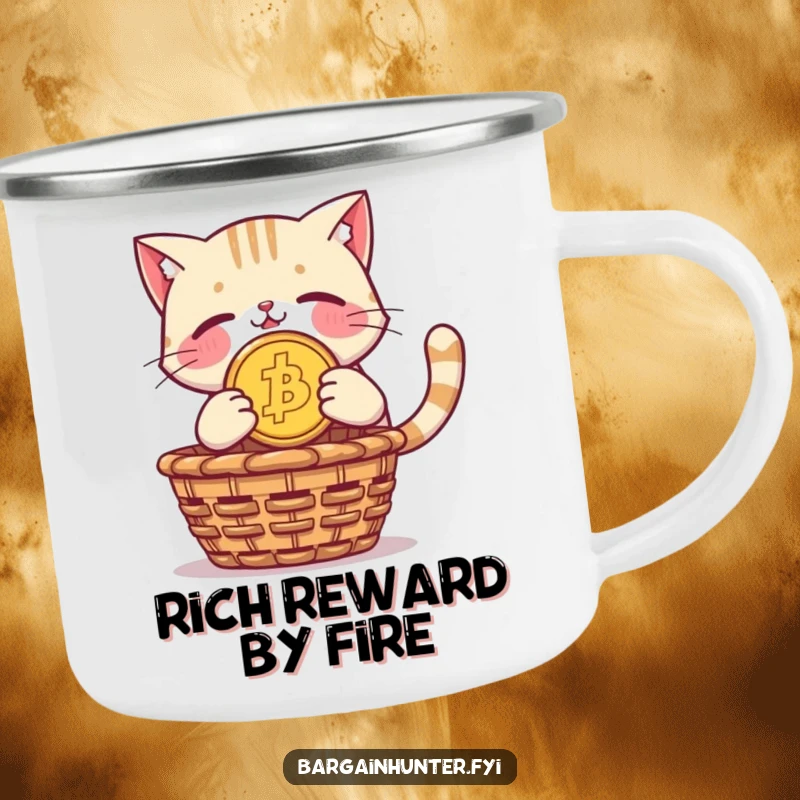Funny camping mug: a proud cat dives with a giant coin to a basket, ready for the wild.