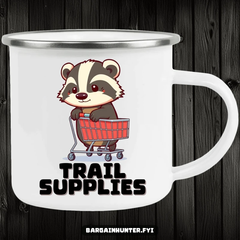 Funny Badger Camping Mug: A determined badger gripping a shopping trolley, inspiring focused adventures with a humorous edge.