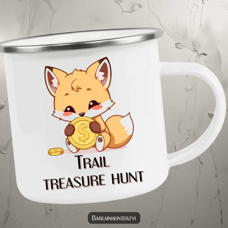 Funny camping mug with a mischievous fox cub hiding a shiny coin, perfect for enjoying drinks outdoors with a sly grin.