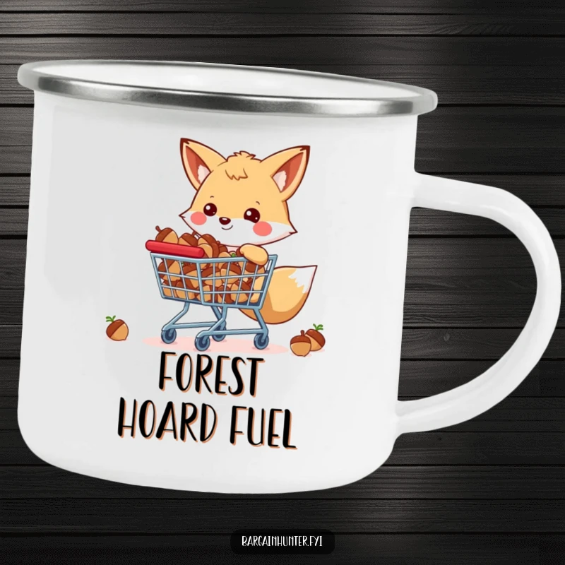 Funny happy fox with a shopping cart full of acorns, a durable camping mug for woodland adventures.