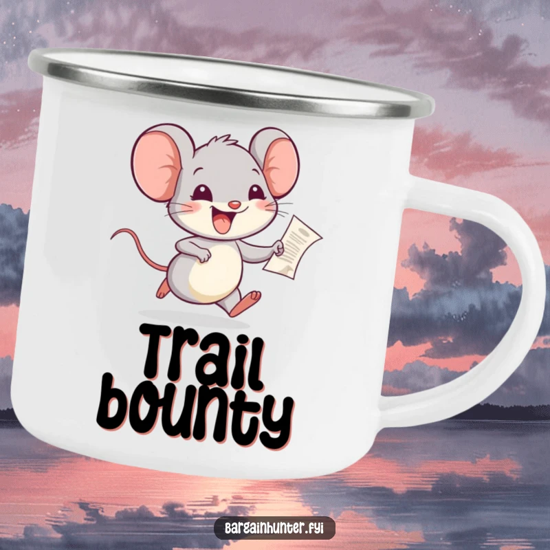 Funny Mouse Camping Mug: A joyful mouse running with a tiny receipt, ideal for outdoor adventures filled with happiness.