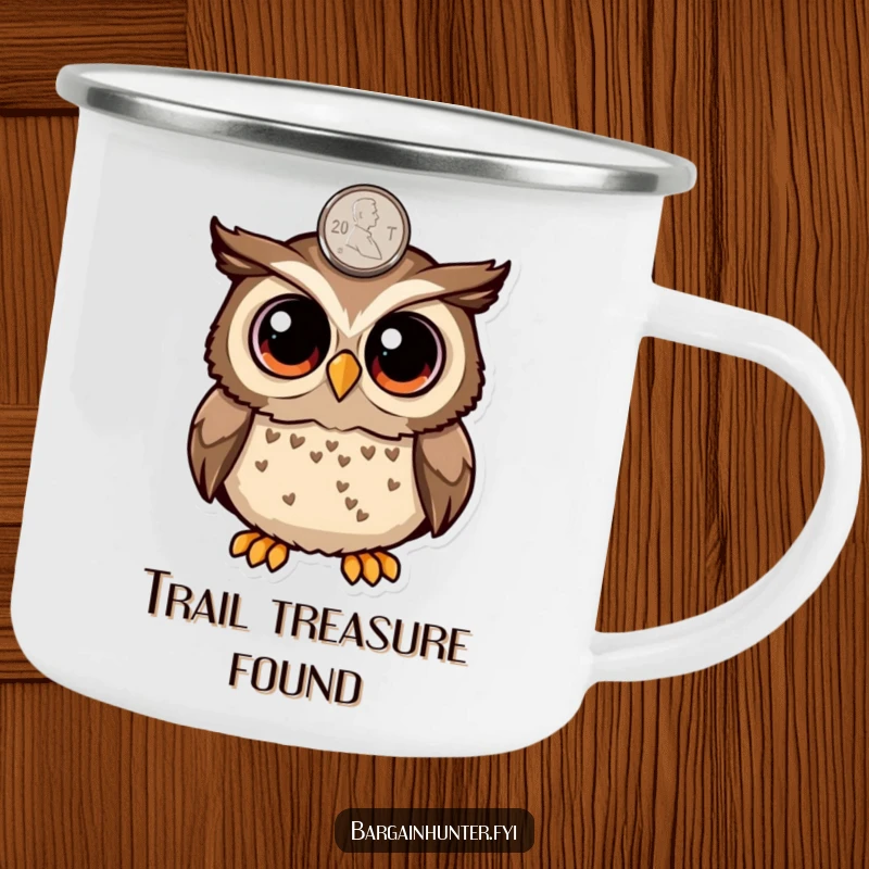 Funny surprised owl with large eyes spotting a penny on a camping mug, perfect for outdoor enthusiasts seeking luck and humor.