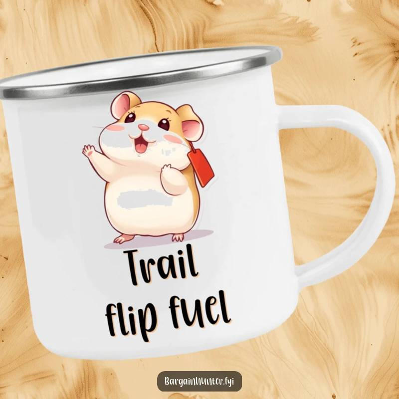 Funny playful hamster with a red ear tag, doing a dynamic flip, a durable camping mug for fun adventures.