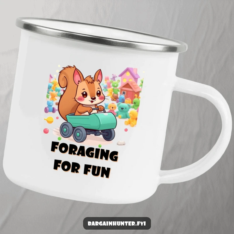 Funny playful squirrel camping mug with a tiny cart, racing through colorful toys, perfect for the adventurous spirit.
