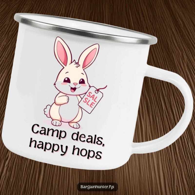 Funny Rabbit Camping Mug: A cheerful rabbit examines a sale tag with glee. Humorous and sturdy mug for outdoor enthusiasts.