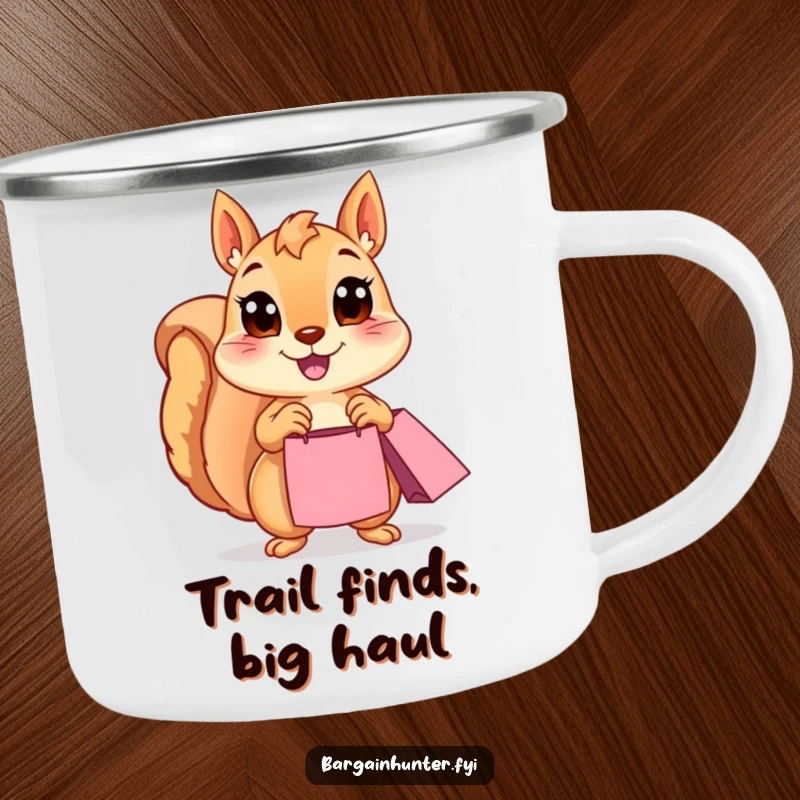 Funny Squirrel Camping Mug: A wide-eyed, happy squirrel holds a shopping bag, perfect for outdoor enthusiasts. Humorous and sturdy enamel mug.
