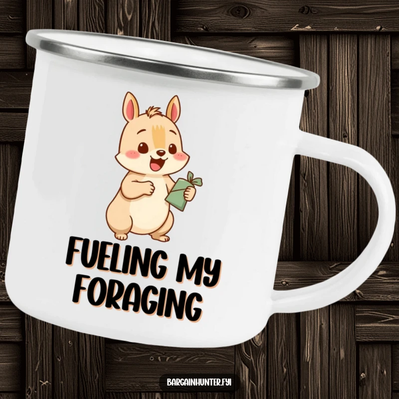 Funny squirrel camping mug with a happy squirrel character excitedly exchanging a small item for a larger one, perfect for outdoor coffee.