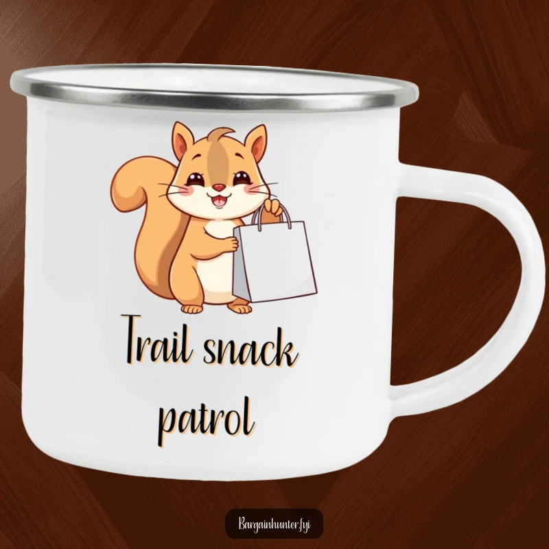 Funny happy squirrel holding a shopping bag, a humorous and durable camping mug.