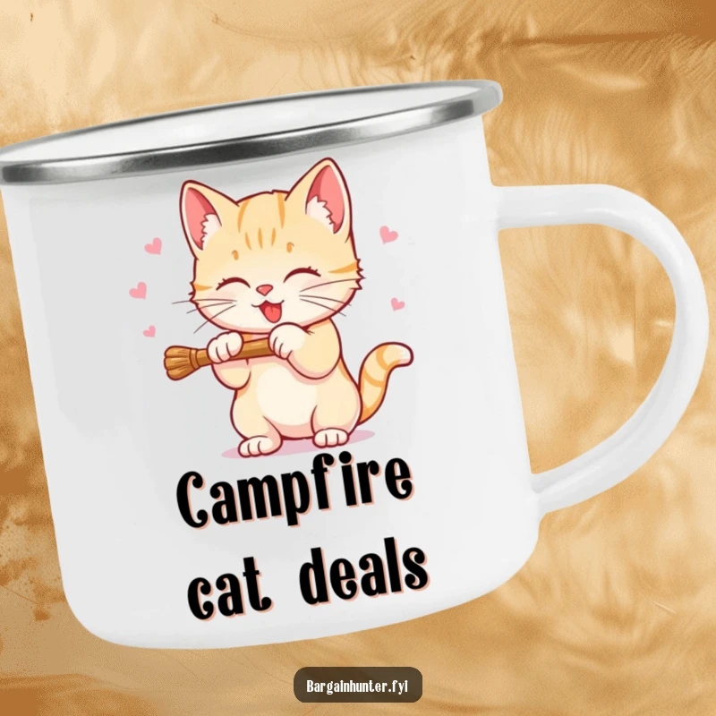 Funny Sweet Kitten Camping Mug with a kitten batting at a dangling discount price, perfect for cheerful outdoor drinks.