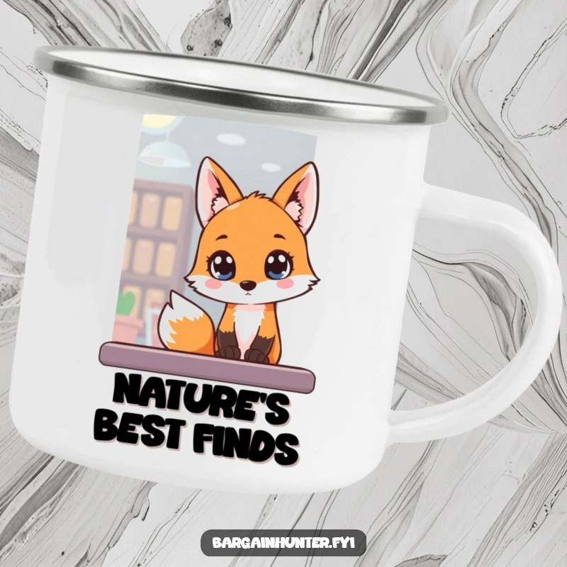 Funny Camping Mug featuring a fox peeking into a window, symbolizing adventure and exploration.