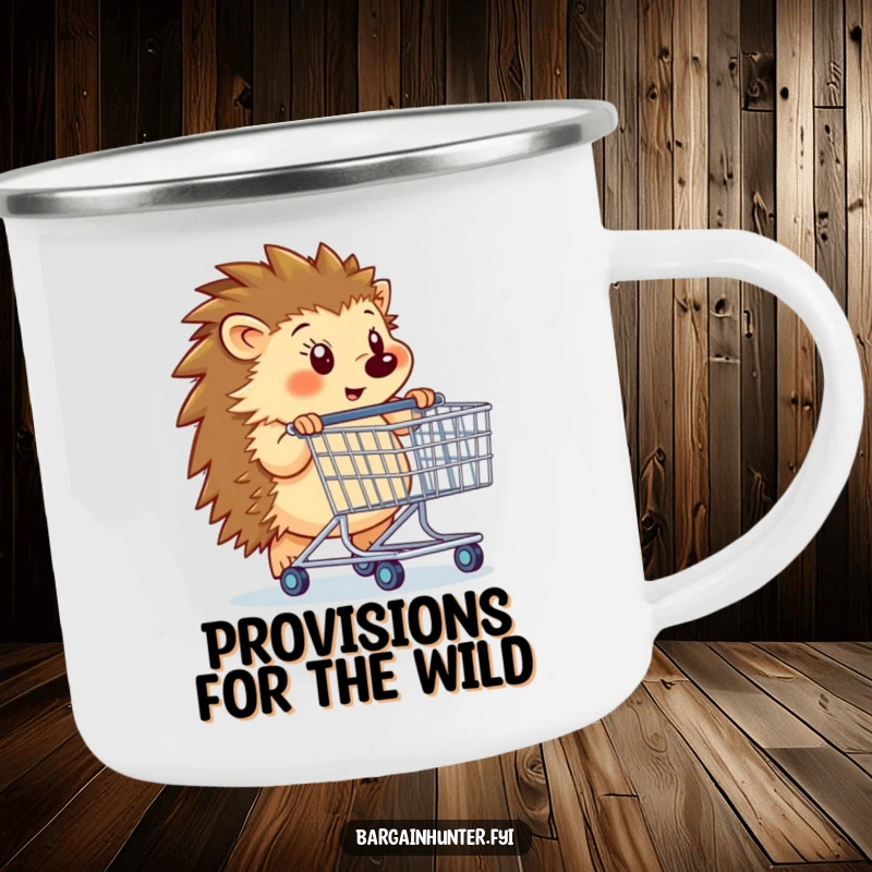 Funny hedgehog pushing a large shopping cart on a rugged camping mug, designed for outdoor fun.