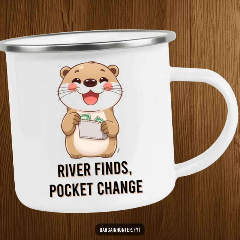 Funny Otter Camping Mug: A delighted otter proudly displays its pocket change. Humorous and sturdy mug for outdoor enthusiasts.